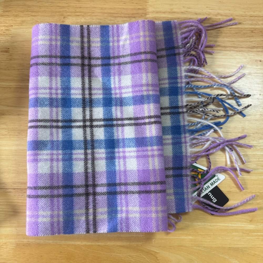 Merinosnug Merino Wool Scarf Purple Blue Plaid Fringe Made in Australia‎ NWT